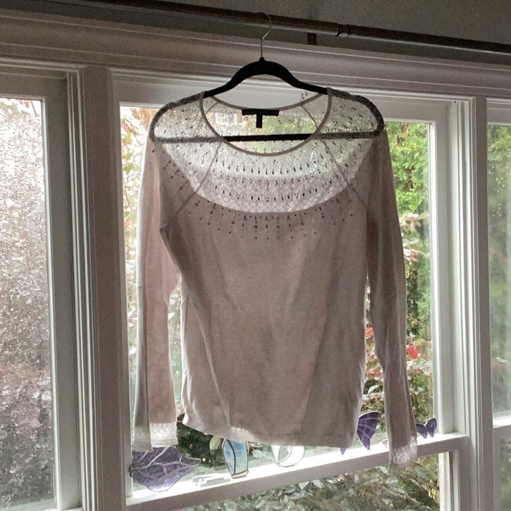 White House Black Market Light Gray Lightweight Crew Neck Sweater, Lacy Detail